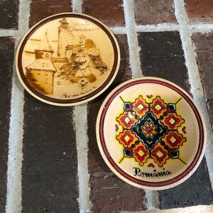 adorable pair of Vintage handcrafted wooden Romania wall hanging plates 4.5”